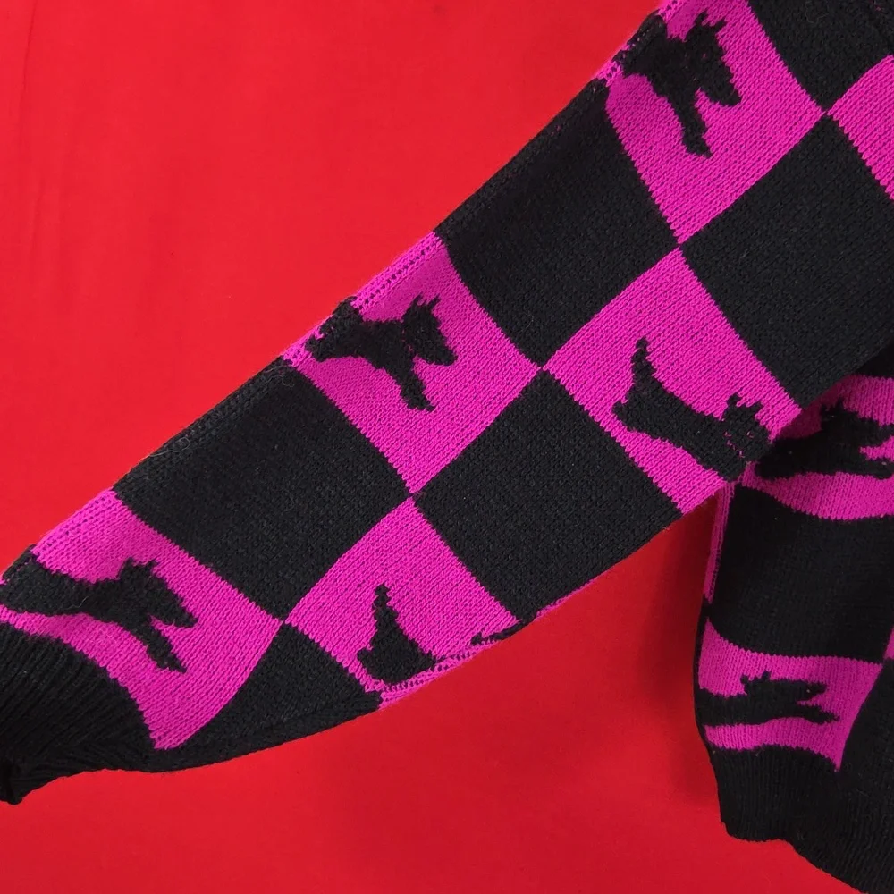 VINTAGE‎ Checkered Dog Sweater Fuchsia Black Womens Size Medium - Picture 2 of 5
